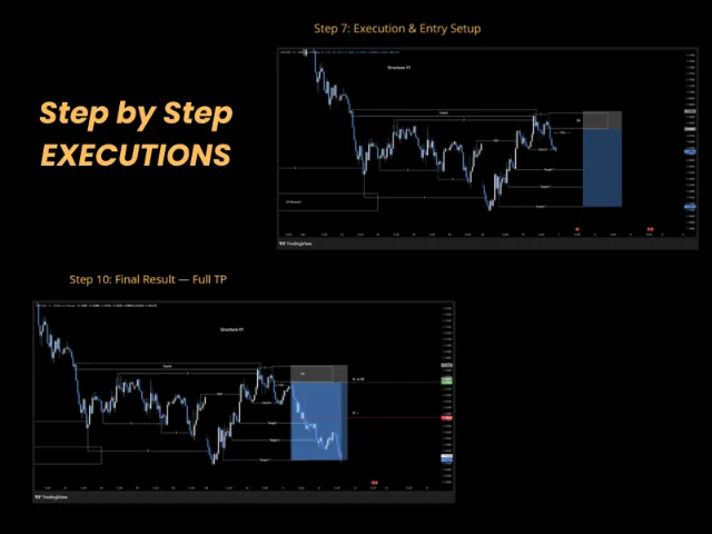 Step-by-step trade execution example on annotated charts