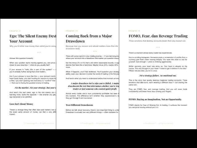 Opening pages of chapters on ego, coming back from a major drawdown, and FOMO, fear and revenge trading